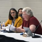Chardon Board of Education President Karen Blankenship reads from a statement censuring board member Todd Albright Sept. 19.