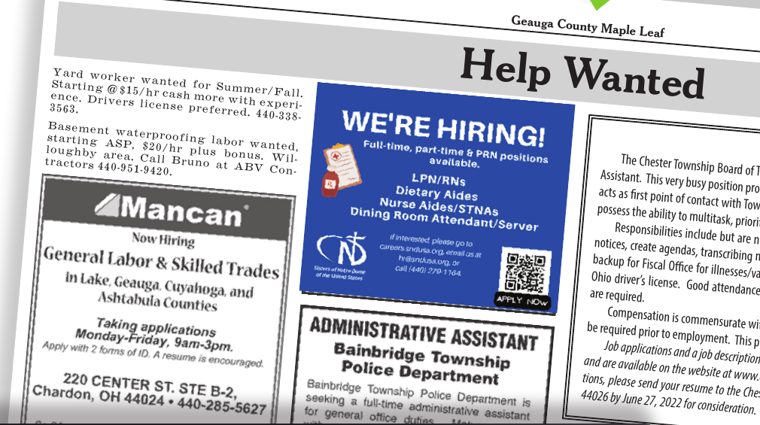 A Help Wanted page from the printed Geauga County Maple Leaf, showing classified and display job ads
